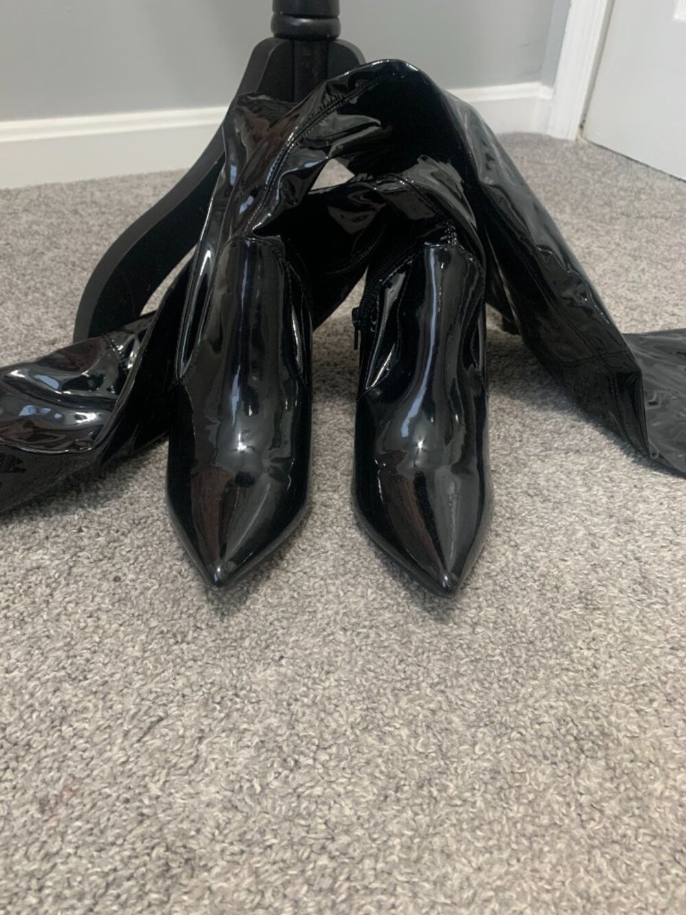 Black Patten Pleather Thigh High Boots